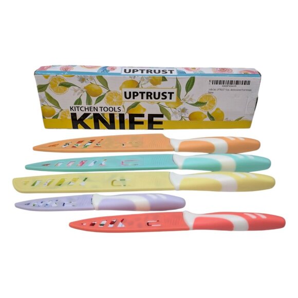Uptrust 5 Pc Knife Set Fruit Print Stainless Steel w/Sheaths Multicolor Coated - Picture 1 of 11